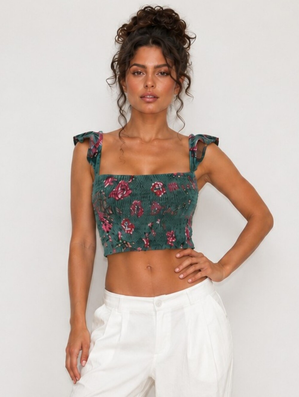 Lulus Green Floral Smocked Crop Top Ruffle Strap Cottagecore Y2K Size S